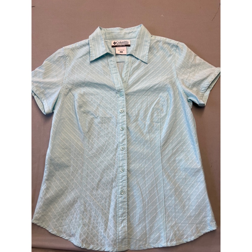 Columbia Womens Light Blue Striped Short Sleeve Button Down Shirt AL7843 Small